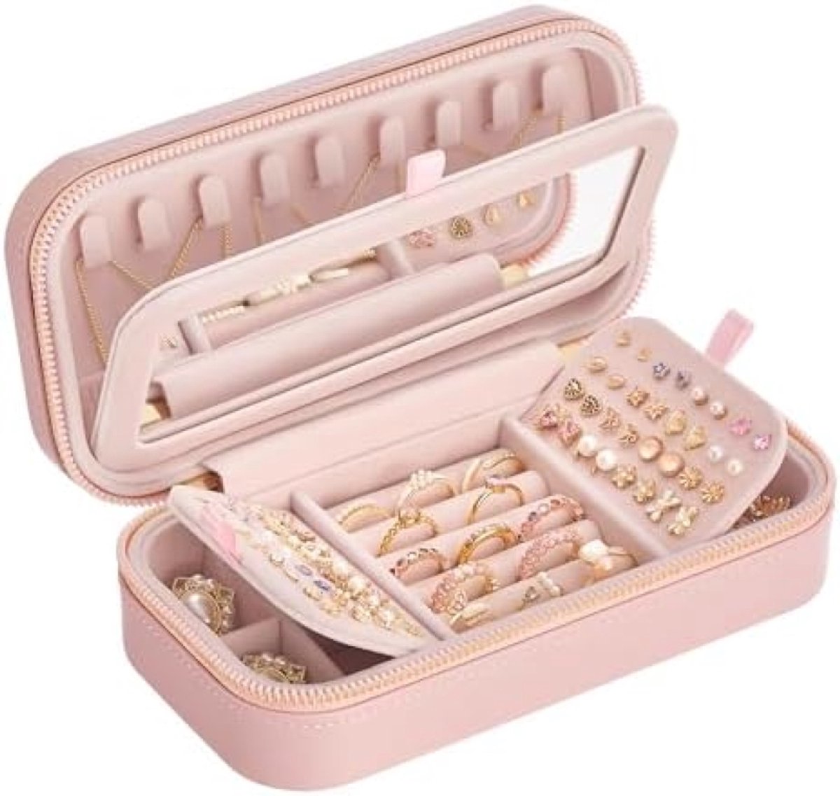 PromoHome Reis­sieradendoos – compacte sieradenopberger met spiegel, 10,5 × 20,5 × 6 cm, gestikt PU-leer, met ritssluiting – ideaal als cadeau "Roze"