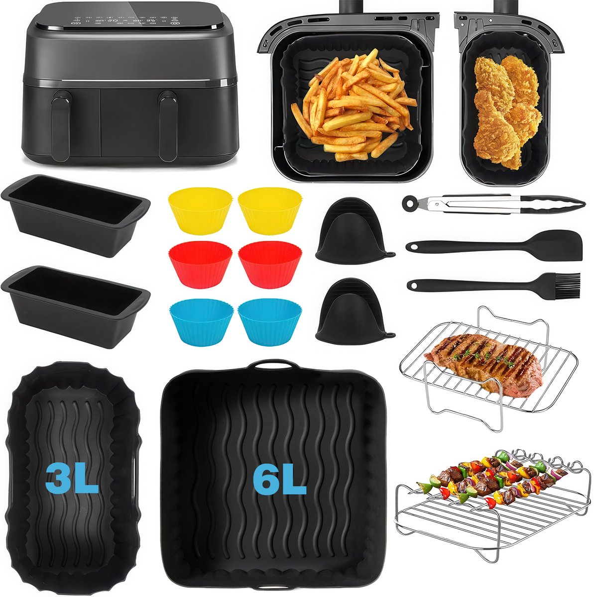 YONO Accessoires Set - geschikt voor Philips Dual Basket Airfryer - 5000 - 3000 series - 18in1 — afbeelding 2