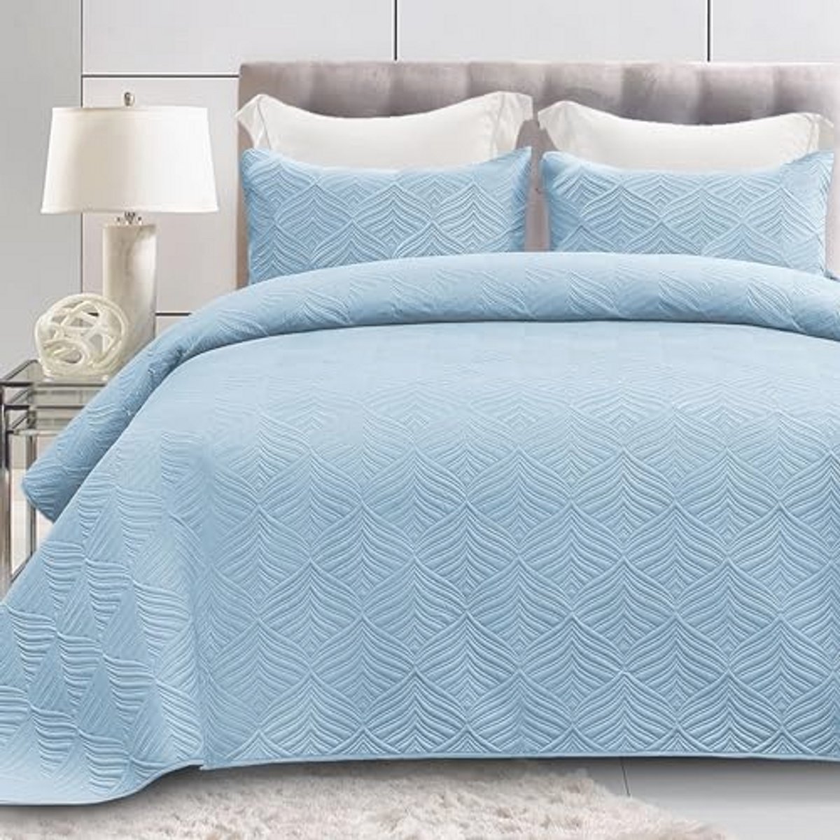 Moderne Beddensprei 260 x 280 cm met Kussenslopen - Licht en Zacht Microvezel Bedtextiel voor 4 Seizoenen - Blauw met Reliëfprint