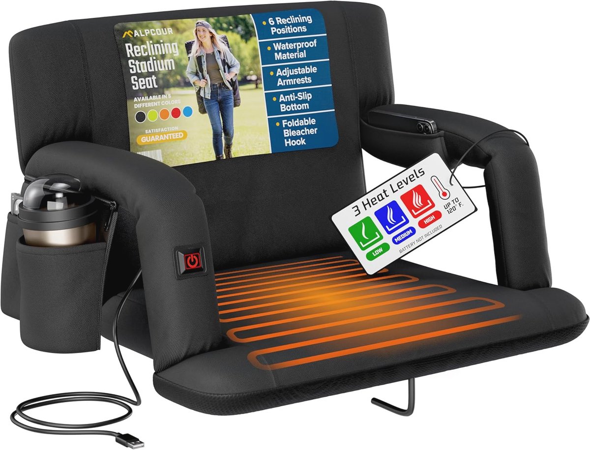 Verwarmde Opvouwbare Stadionstoel - Luxe 25 Inch Extra Brede Ligbleekstoel met Rugleuning en Armsteun - Waterdicht en Lichtgewicht