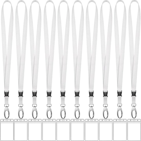 Tien witte lanyards met metalen clip en plastic badgehouders.