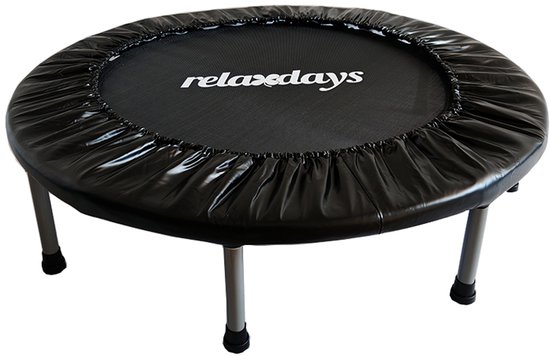 Zwarte ronde fitness trampoline met 'relaxdays' logo, geïsoleerd op witte achtergrond.