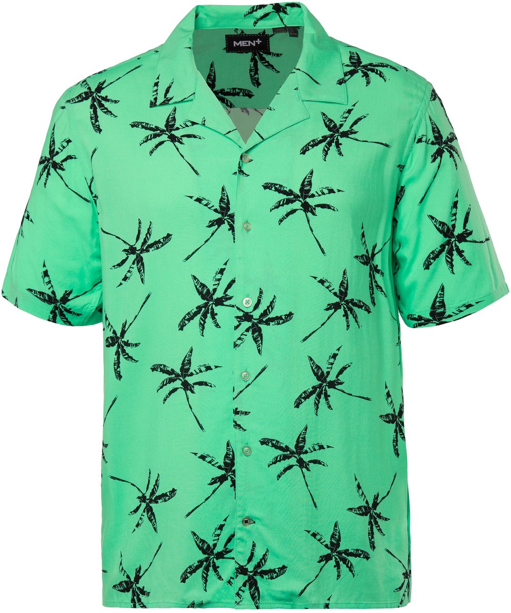 Men Plus - Heren - Overhemd korte mouwen palmenprint Cubaanse kraag - Blauwgroen - Maat XL