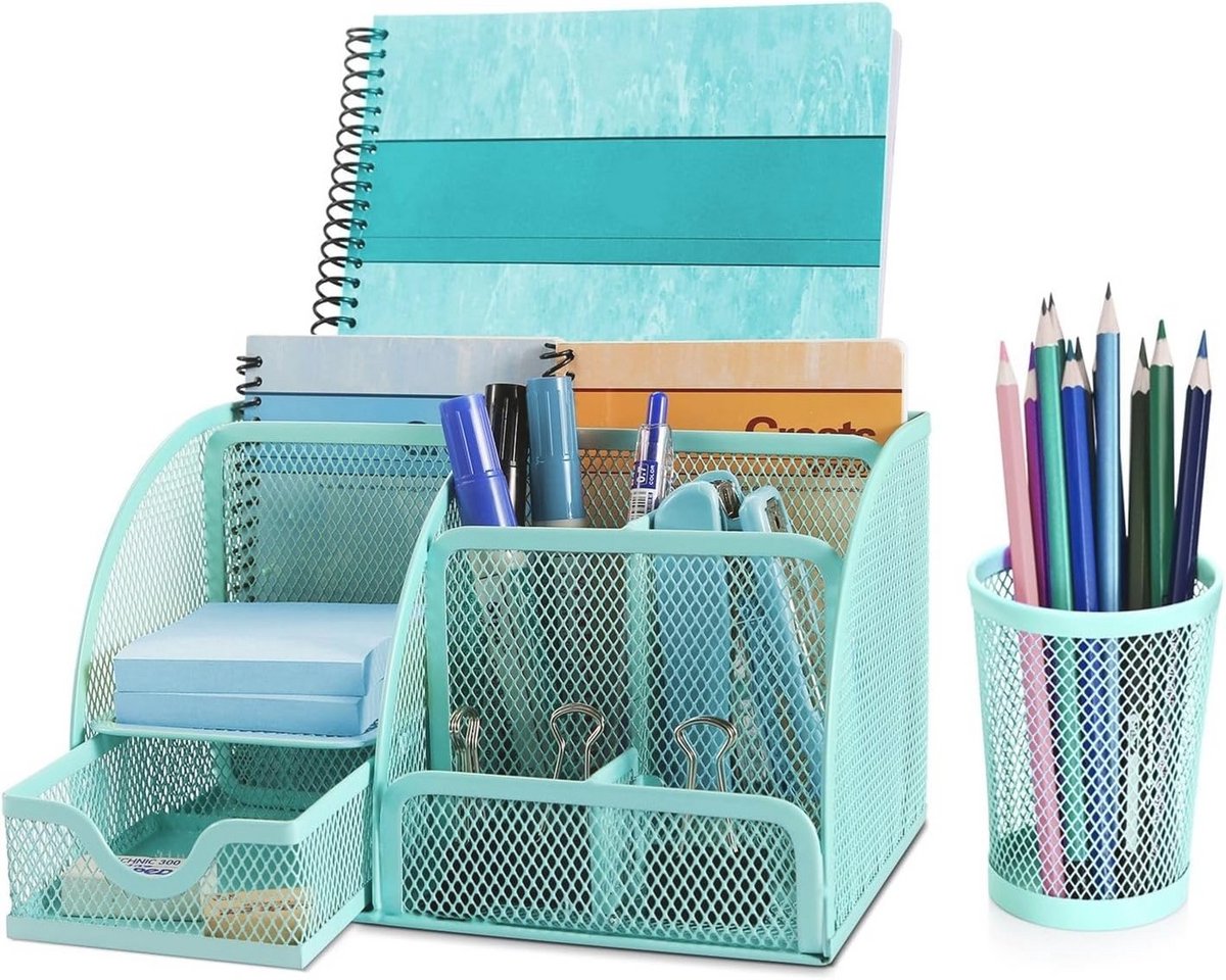 Metalen Mesh Bureau Organizer met 6 Compartimenten en Lade - Kantoor Benodigdheden Caddy voor Studenten en Professionals