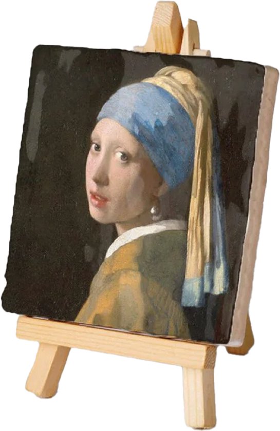 Kunsttegeltje.nl - Mini schilderij tegeltje Vermeer - Meisje met de Parels - Kunst Schilderijtje met houten ezeltje - 10x14 cm