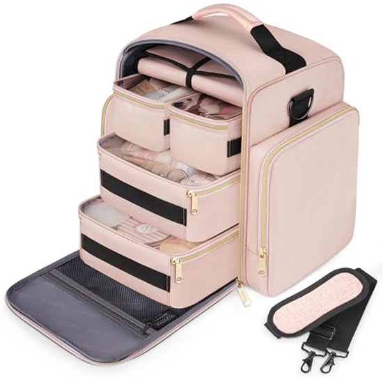 Grote make-uptas voor dames, reistas, grote draagbare make-uptas, organizer met verdeler en handvat, draagbare beautycase voor vrouwen, roze, A