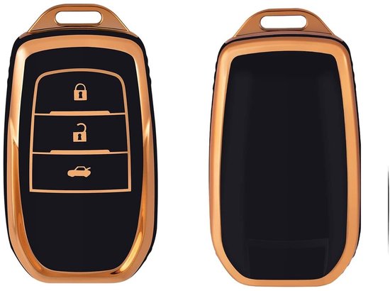 Zwart autosleutel hoesje met gouden rand, gezien van voor- en achterkant.