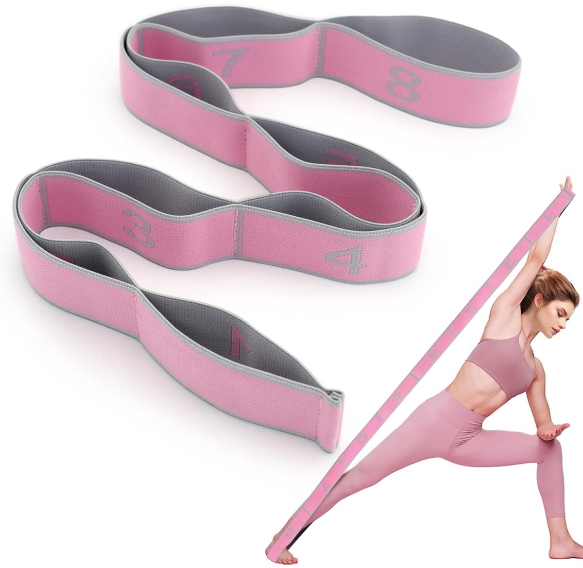 longziming -Elastische Yogariem met 8 Lussen – Stretchband voor Yoga, Pilates & Gymnastiek – Ideaal voor Rek- en Krachttraining – Fitness Dehnband voor Beginners & Gevorderden
