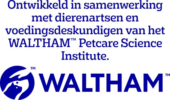 Waltham logo met tekst: Ontwikkeld in samenwerking met dierenartsen en voedingsdeskundigen.