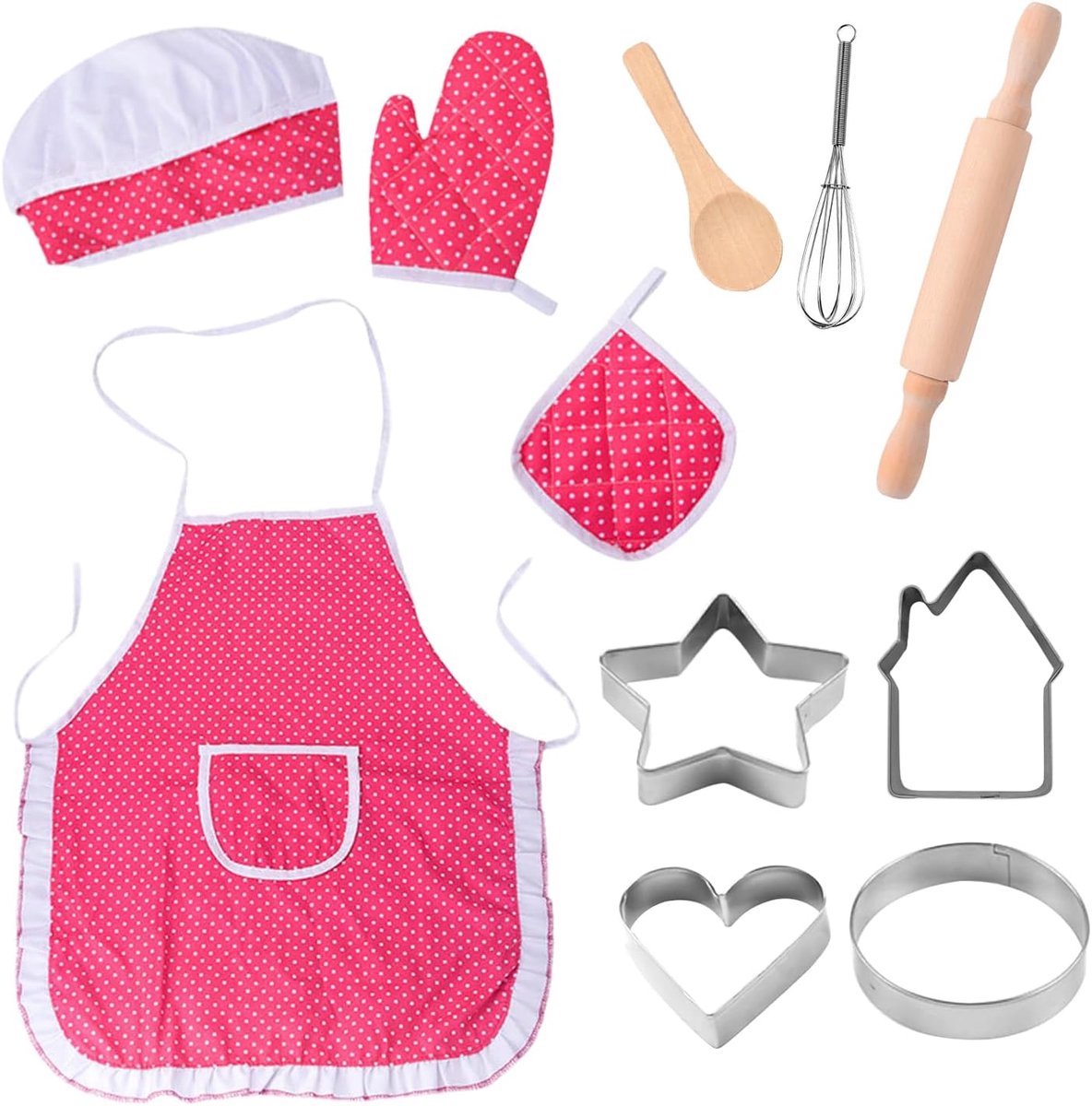 Stunq® Speelgoed Bakset voor Kinderen – 11-delige Schort en Keukenset in Roze Rood