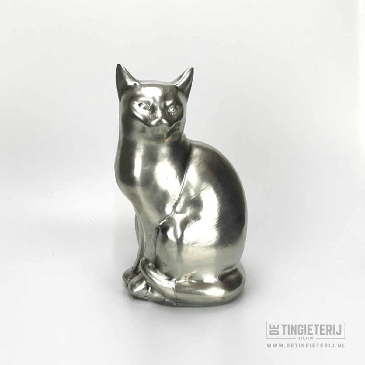 De tingieterij Tinnen Poes Zittend Beeldje – Handgemaakt Miniatuur Kat – Dierenbeeld Decoratie – Uniek Cadeau & Verzameling - katten Zilver