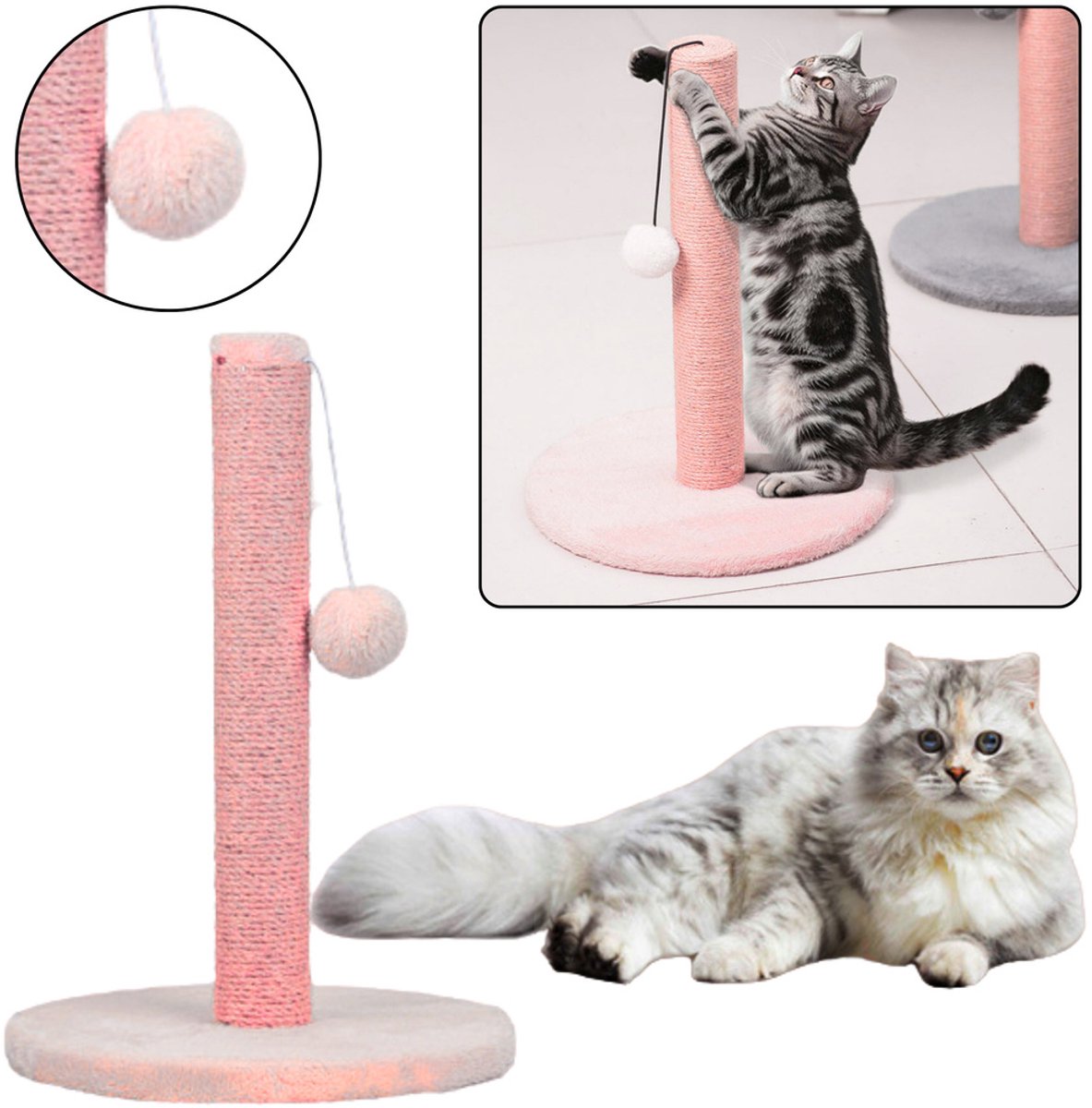 Krabpaal voor Katten Laag 40 cm Roze - Met Sisal - Paal en Hangend Speeltje met Pompon - Speelplezier voor de Kat - Roze Krab Paal - Krabpaal - Kat en Kittens
