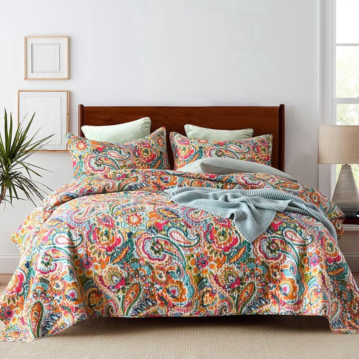 Stunq® Handgevoel Papier Katoen Bedsprei Set - Omkeerbaar Geel Rood Paisley Bloemenprint