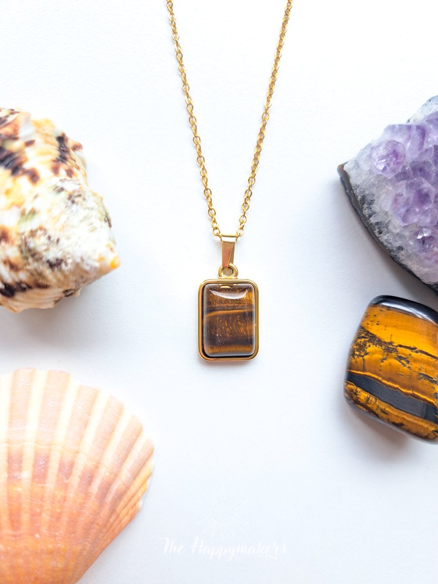 Edelsteen ketting bedel tijgeroog, waterproof, boho, stainless steel, handgemaakt, cadeau met betekenis, zelfvertrouwen