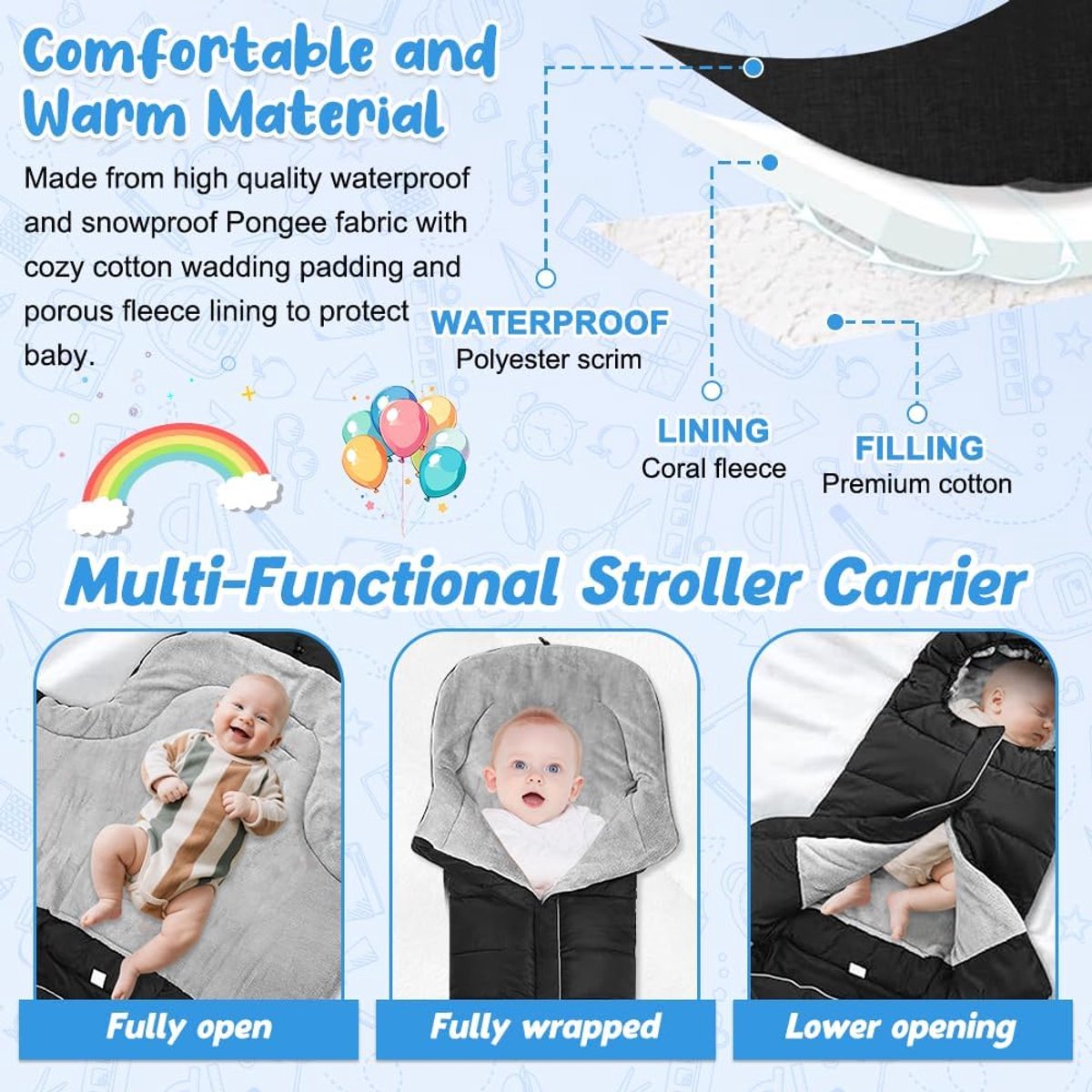 Universele Winter Voetenzak Voor Kinderwagen Met Rits Trekkoord En Capuchon Waterdicht Winddicht En Verwarmd Voor Baby En Peuter Babydrager En Buggy Zwart – foto 3