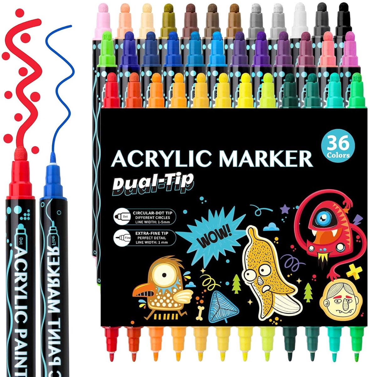 Acrylpennen Dubbelzijdig – 36 Stuks – Waterdicht Sneldrogend Dekkend Oververfbaar – Voor Steen Hout Canvas Papier Keramiek – 36 Kleuren Met Fijne En Ronde Punt