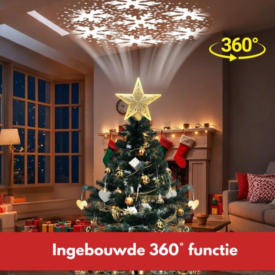 Gouden kerstboomster met 360° projectie van sneeuwvlokken op de kerstboom in een woonkamer.