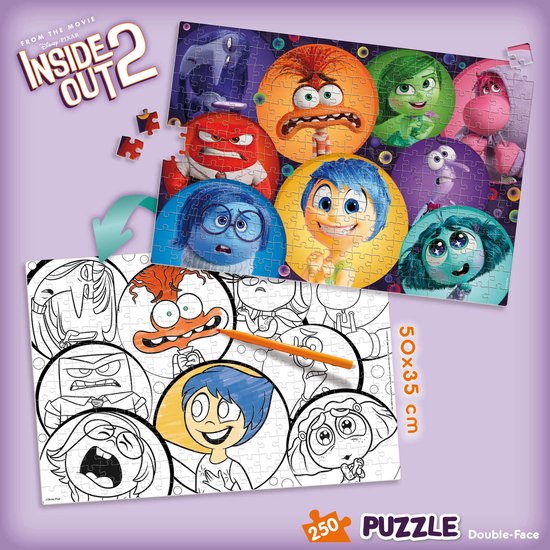 Puzzel met Inside Out 2 karakters, beide zijden zichtbaar
