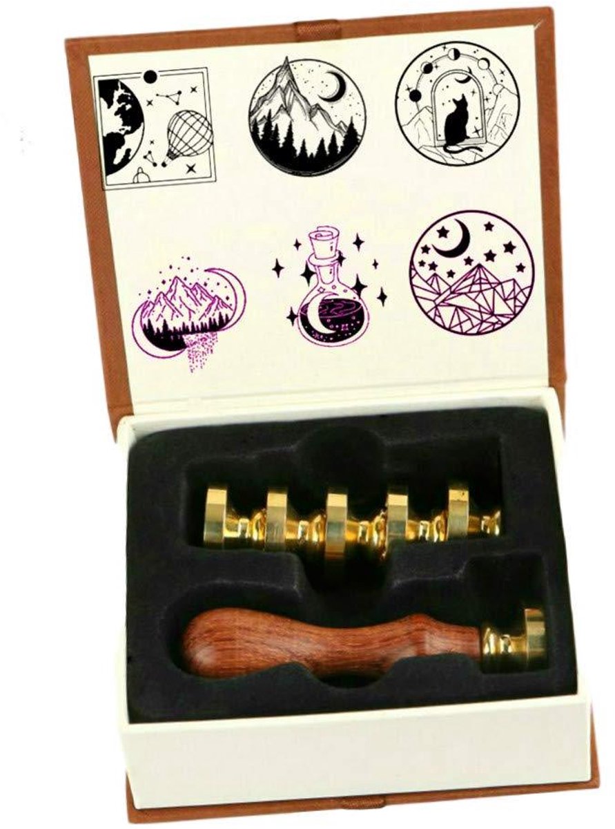 CSGoods - Wax seal stempel set met koperen zegels en houten hilt voor uitnodigingen, maan kat ontwerp.