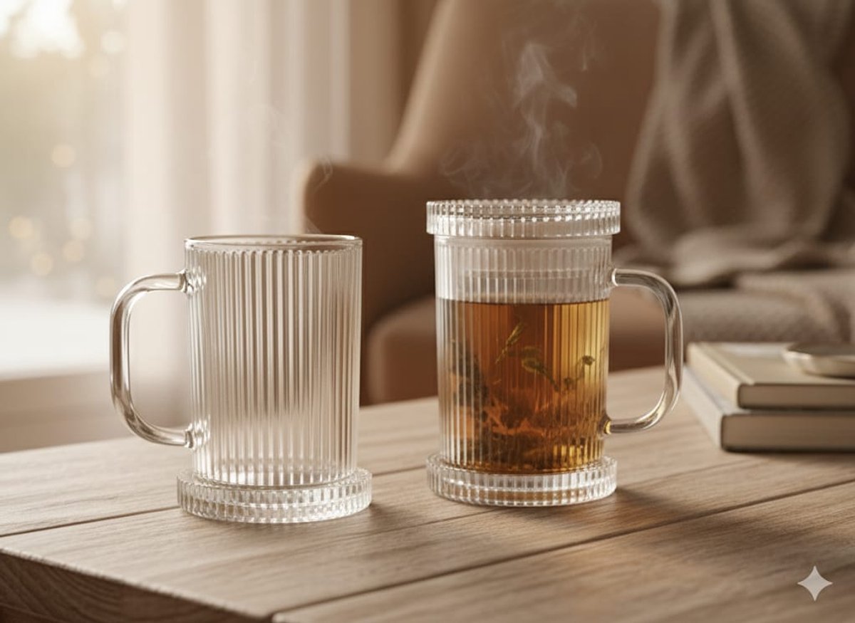 Bavary Luxe Ribbelglas Set – 1 Glas + 1 Schotel/Deksel – Hittebestendig Glas – Retro Drinkglazen met Handvat – Geschikt voor Koffie, Thee & Frisdrank – 2-delige Set — cadeau in Koken & Dineren - foto 3