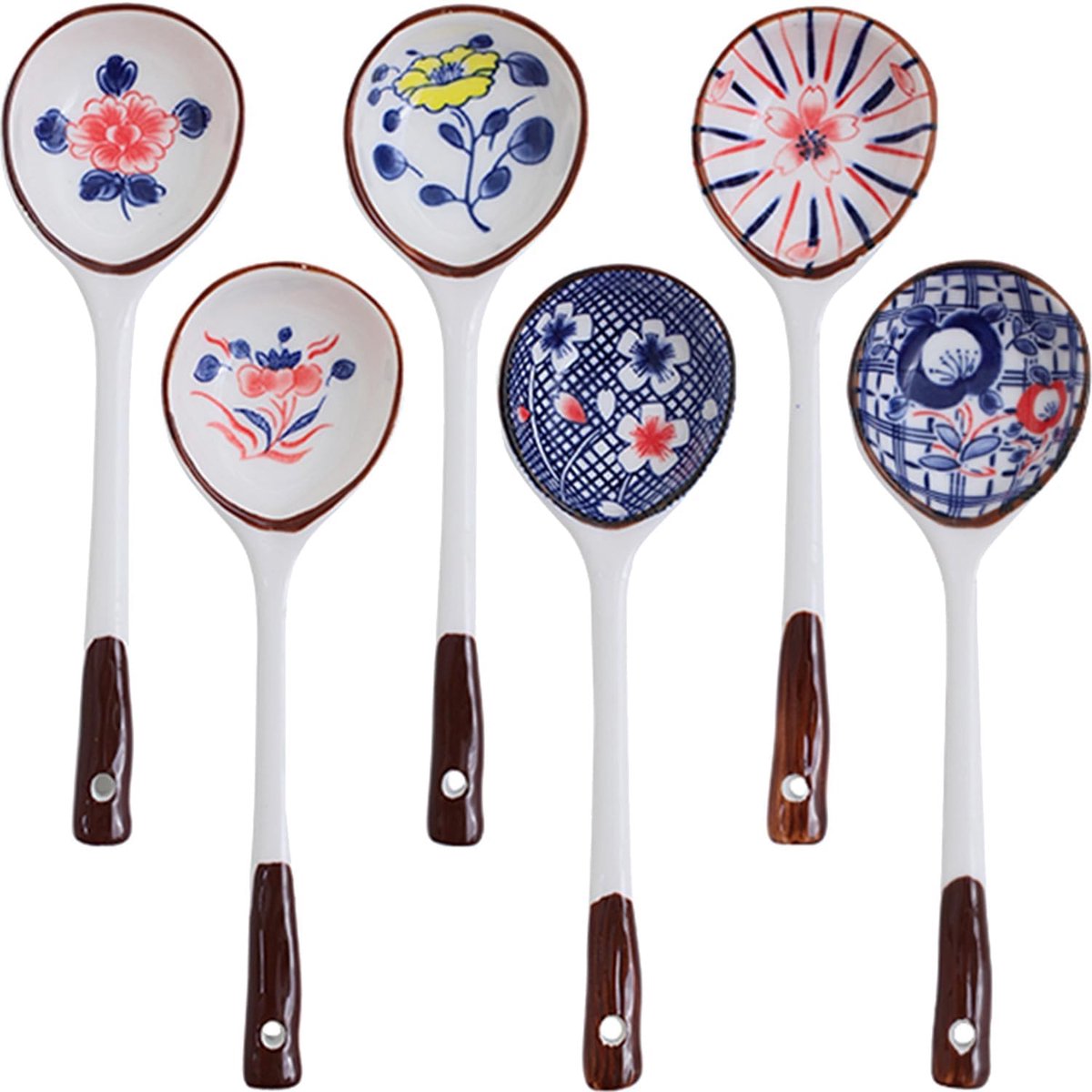 Keramische Lepels Set – 6 stuks Japanse Lange Lepels – Comfortabele Handgreep Keukenbestek, Geschikt voor Ramen, Wonton en Miso Soep – Elegante Keuze voor Noedels en Dumplings