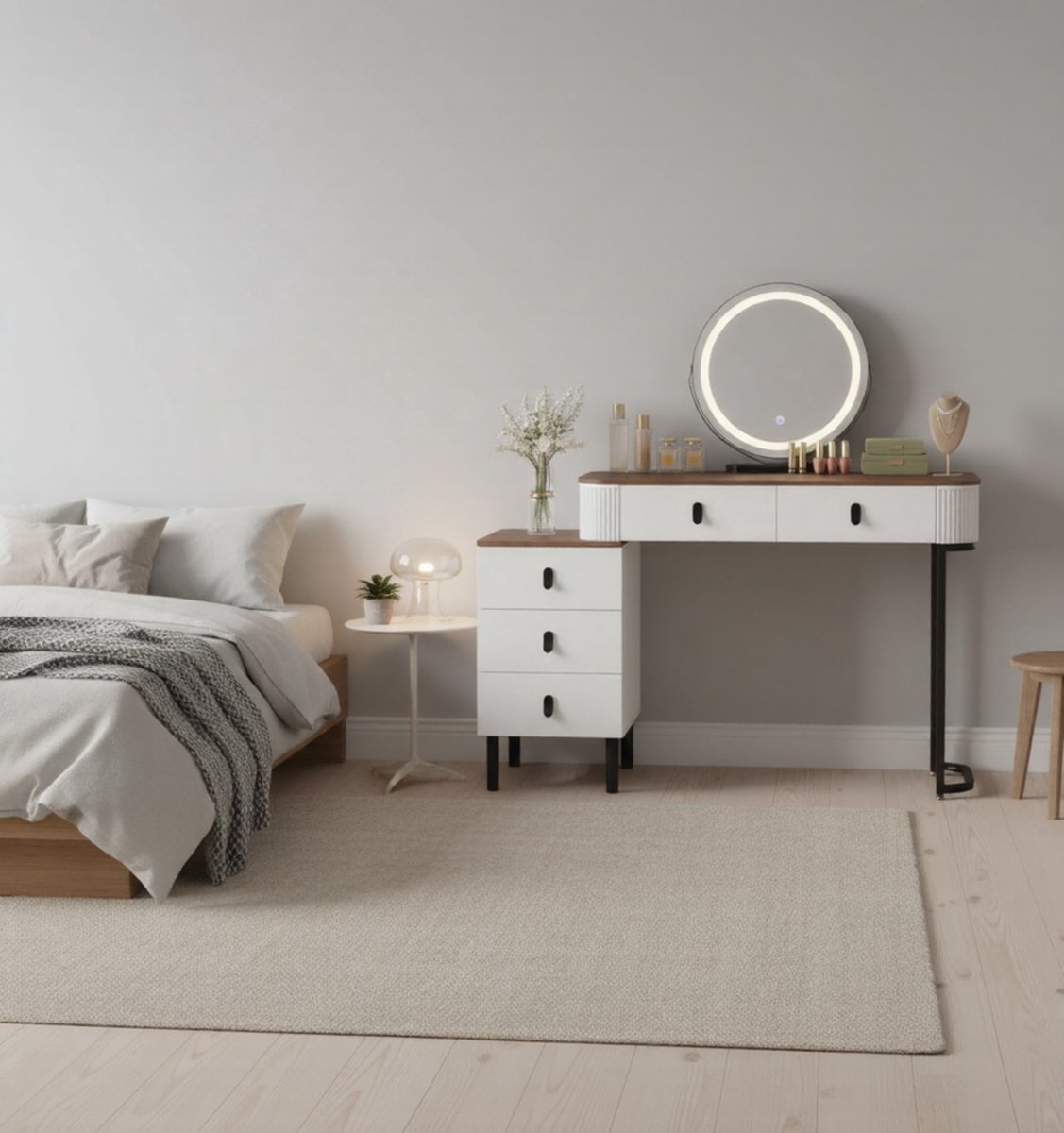 Make-uptafel met LED-verlichting 40x125x100 cm, Kaptafel voor Slaapkamer met 360° Draaibare Spiegel, 5 Laden, USB-Interface, Modern Bruin-Hout & Wit – Altameubel