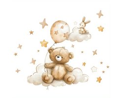 Muursticker 'Teddy, Bunny & Ballon' - Beertje - Konijn - 70x58cm - Babykamer - Kinderkamer - Zelfklevend PVC - Muur Decoratie