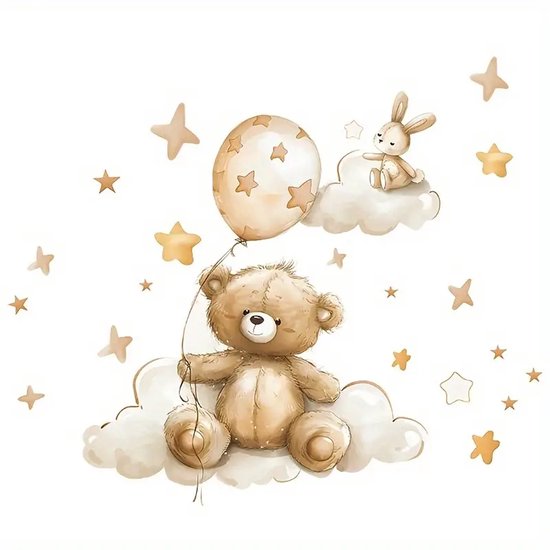Beige teddybeer zit op een wolk met een ballon, naast een konijn op een wolk. Sterren en kleinere beren omringen hen.