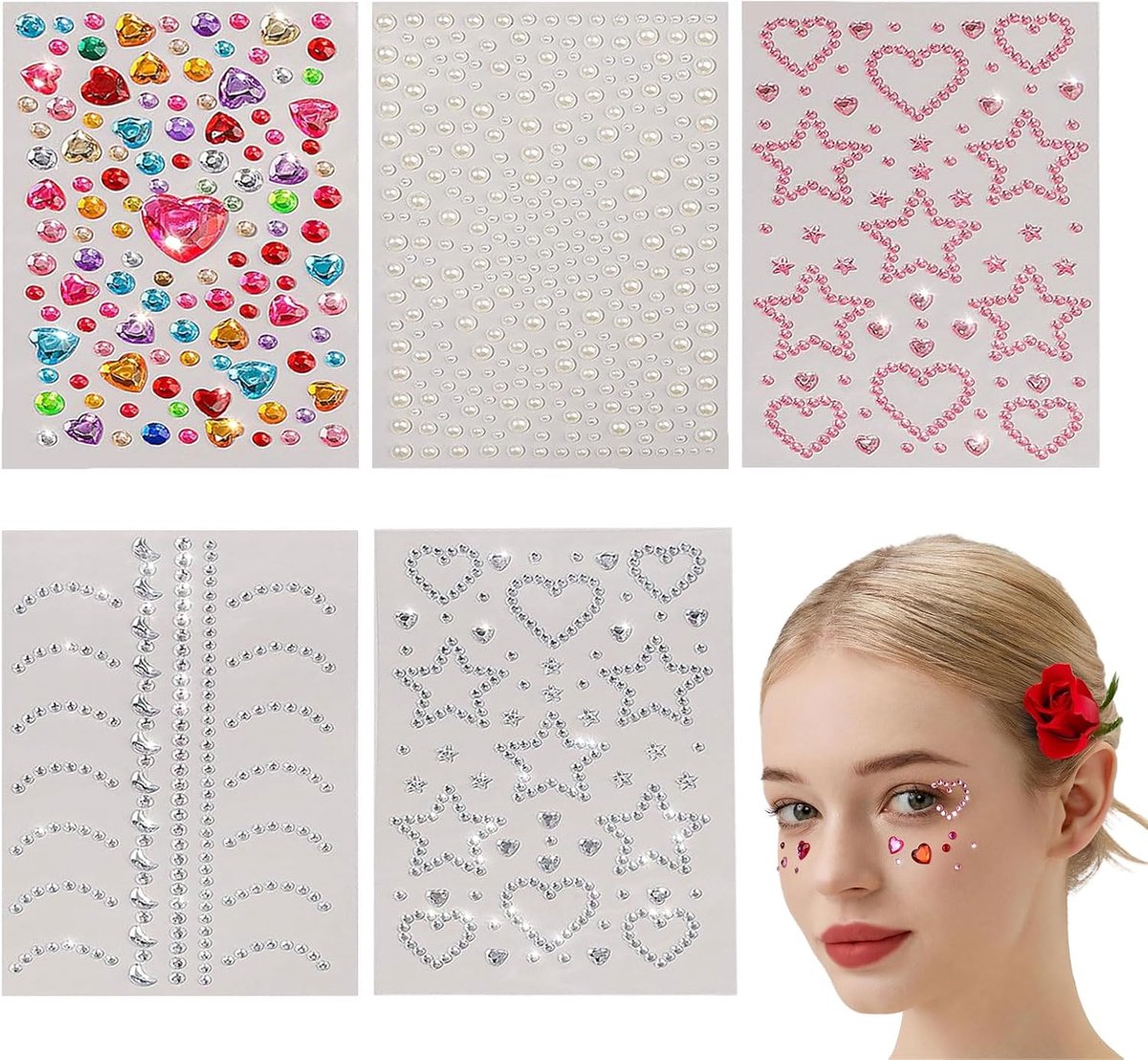 Allecto Plus - Zelfklevende edelsteenstickers met strass en parels voor het gezicht - 5 stuks - Voor feestaccessoires vrouwen - Gezichtsjewelstickers met steentjes