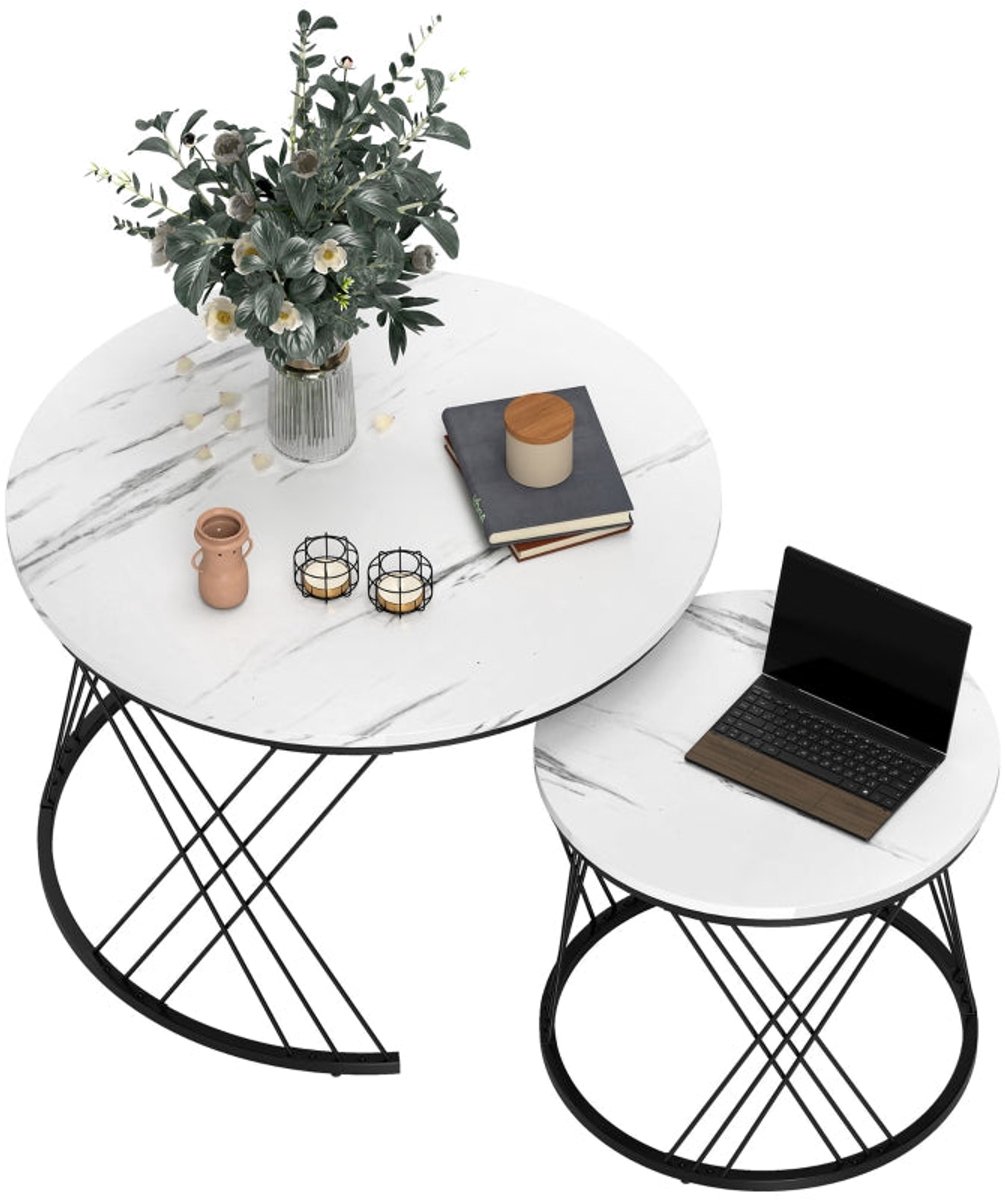Merax Salontafel Set van 2 - Ronde Koffietafels met Marmerlook - Nesting Bijzettafels voor Woonkamer - Wit
