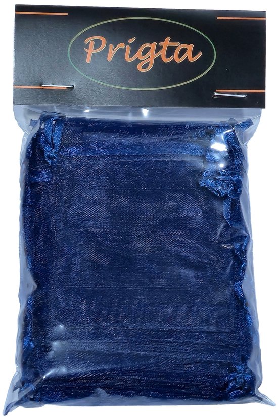 Verpakking met blauwe organza zakjes, met 'Prigta' logo.