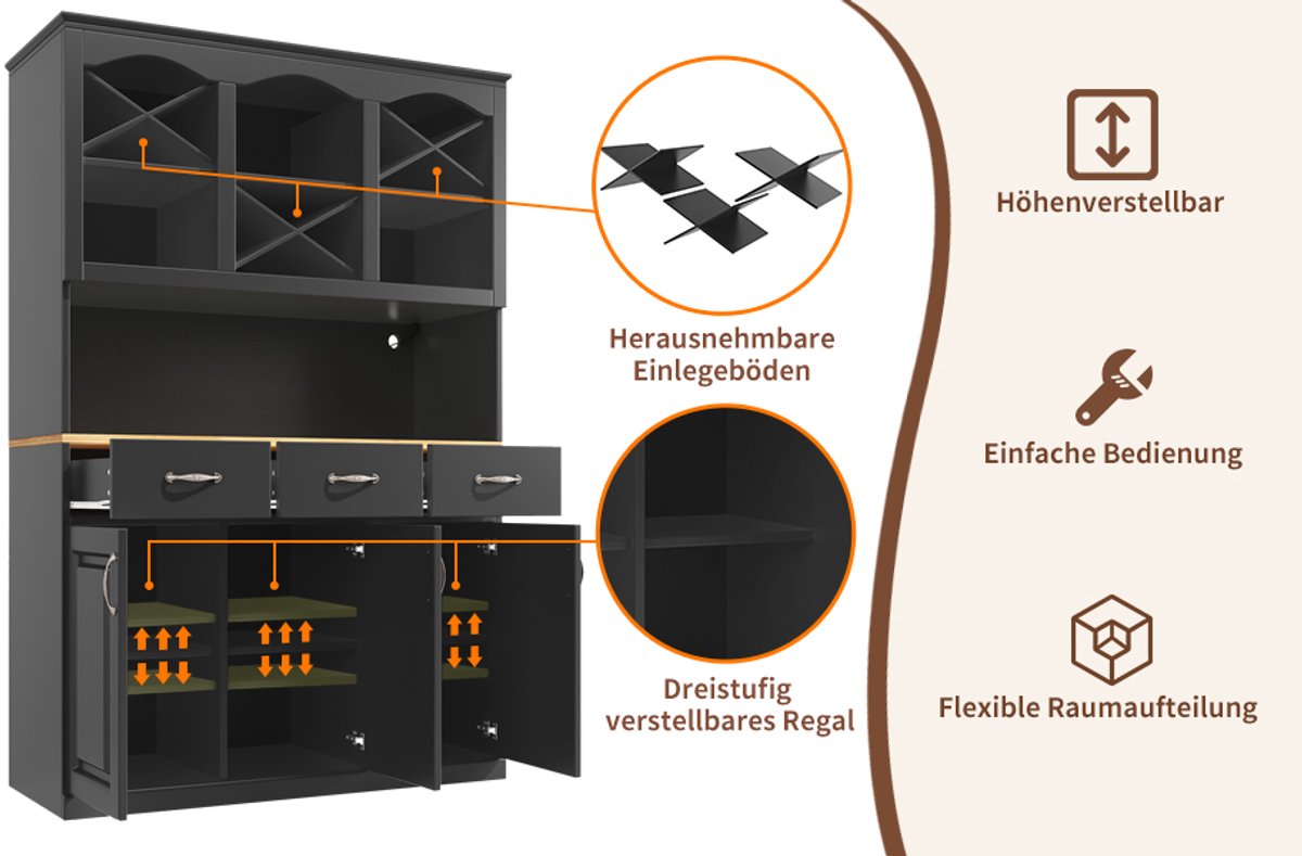 Re-purelife® Luxe Hoge Kast Met Veel Opbergruimte Voor Woonkamer Moderne Grote Keukenkast Met Led Verlichting Verstelbare Planken En Usb Opladen App Gestuurde Lichtstrip Met Muziekfunctie