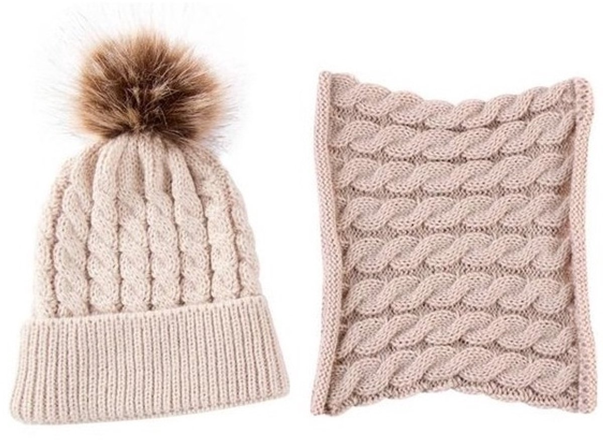 Baby Muts en Colsjaal – Baby 2-12 Maanden – Beige – Winterset met Pompoms