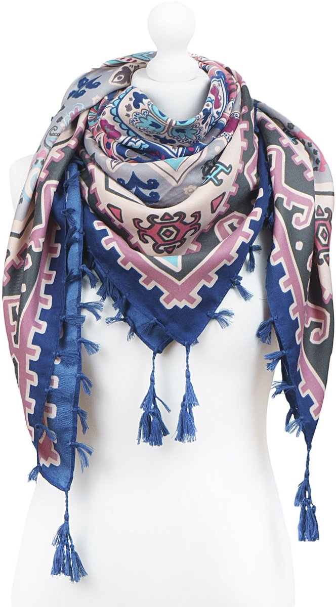Folk Foulard met Franje - Marineblauw Viscose 110x110cm