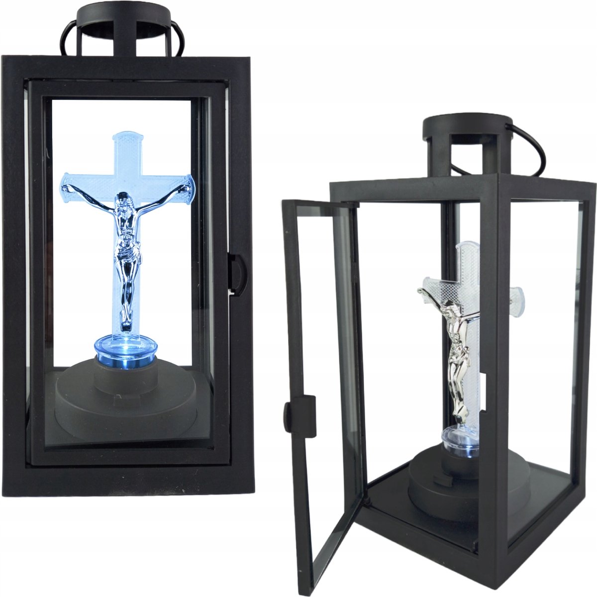 Zwarte LED Lantaarn met Kruis - Decoratie voor Graven