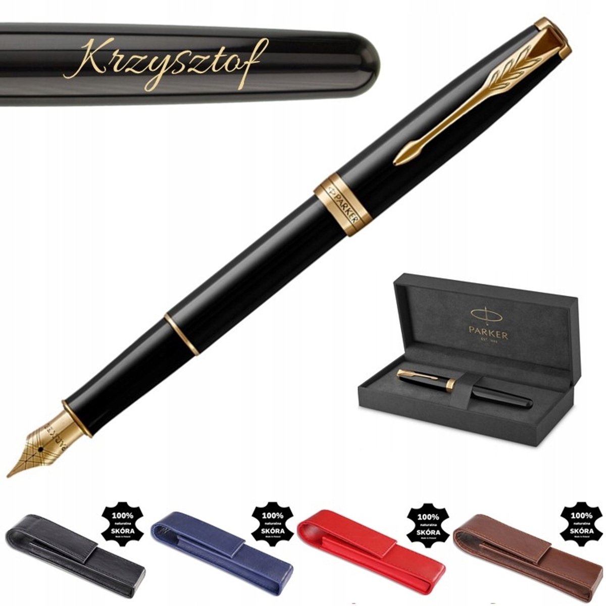 Parker Sonnet Vulpen Zwart Gelakt met Gravure & Lederen Etui - Cadeau