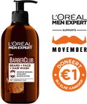 L'Oréal Men Expert Barberclub baard + gezichts + haarwas in bruine pompfles. Met "Doneert €1" Movember logo.