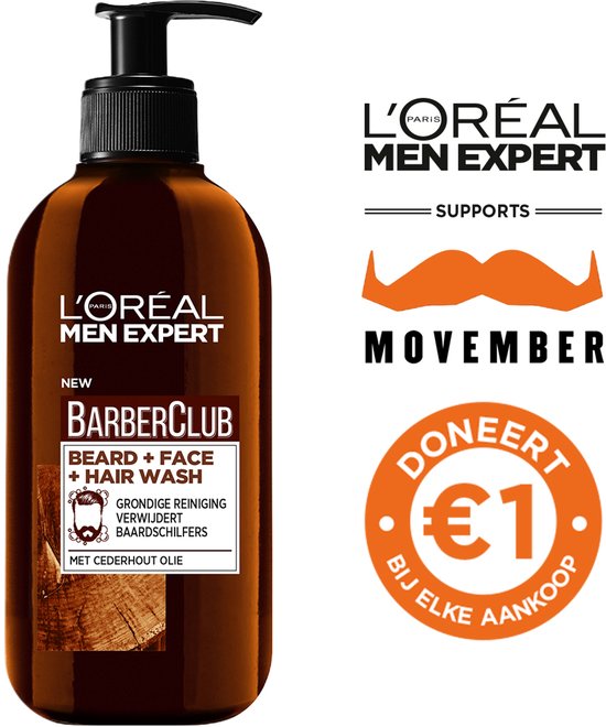 L'Oréal Men Expert Barberclub baard + gezichts + haarwas in bruine pompfles. Met "Doneert €1" Movember logo.