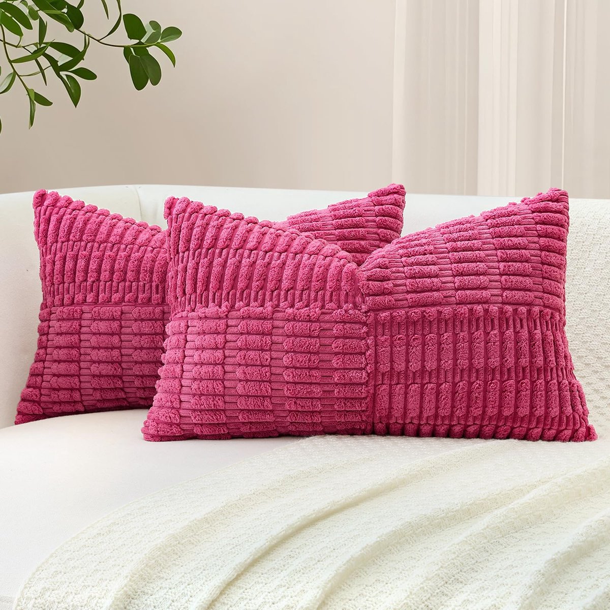 Unyqoos Set van 2 decoratieve corduroy kussenslopen met streeppatroon voor elke woonruimte roze