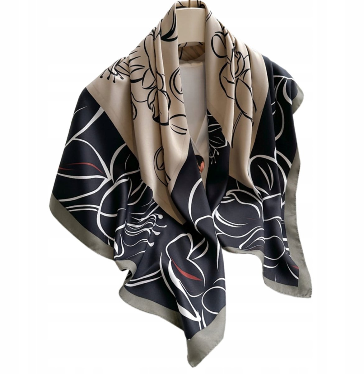 Kamea Dames Sjaal 90x90 Zwart-Beige Line Art Zijde-look