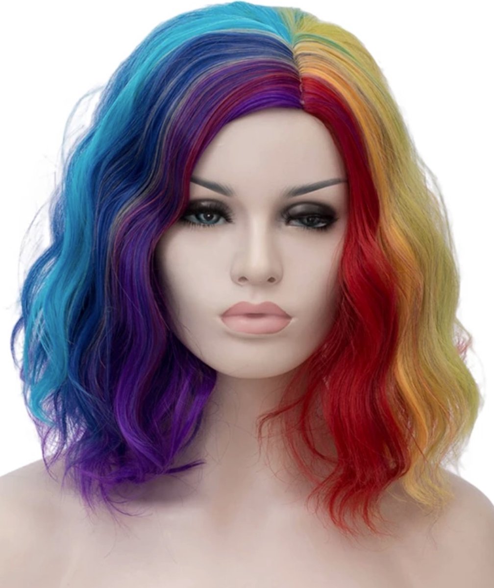 Cosplaypruik Bob 40cm Glam Rock Regenboog Synthetisch haar