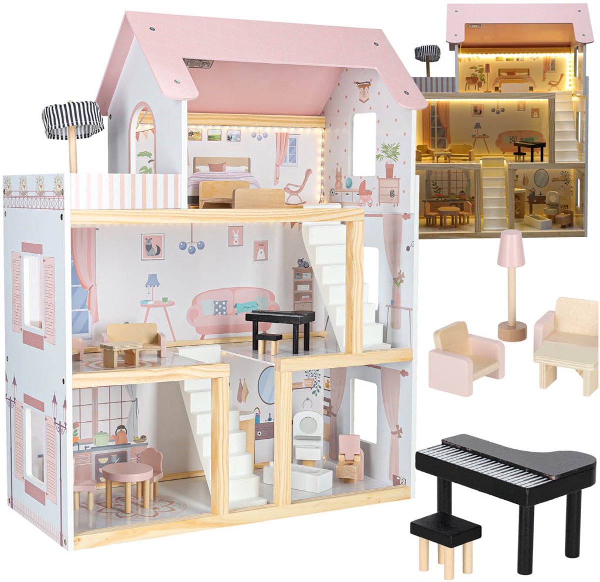 Playos® - Houten Poppenhuis XL - Roze - met Verlichting - 78 cm - Inclusief Meubels, Piano en Accessoires - 3 Verdiepingen - Rollenspel - Poppen