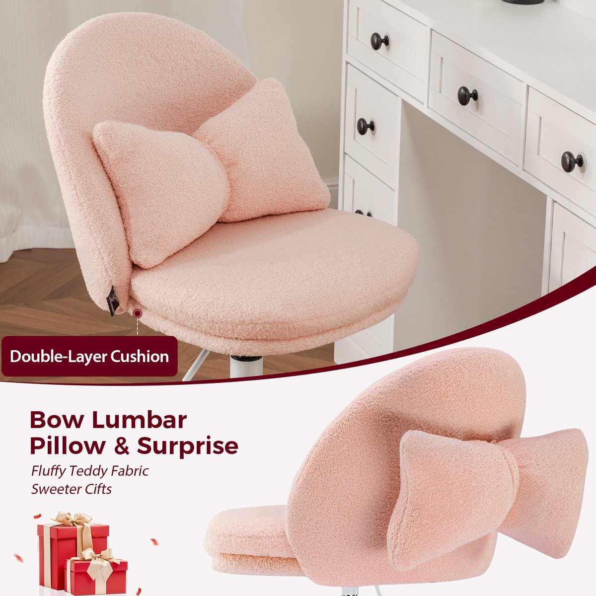Homeoffice Draaistoel Fleece Roze zonder Armleningen - afbeelding 2