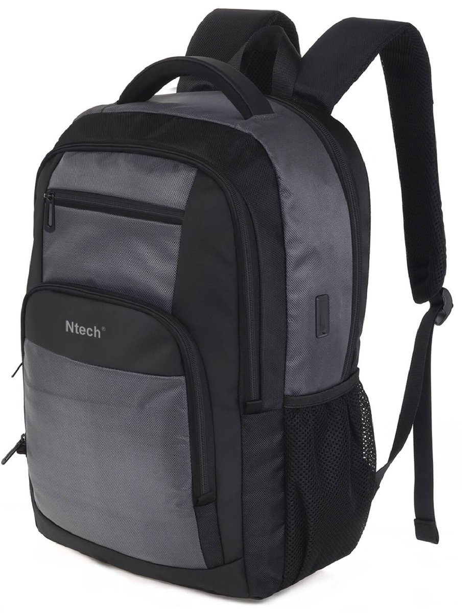 Ntech Rugzak Grijs - Schooltas 20L - Spatwaterdicht Rugzak Inclusief USB C Oplaadpoort - Laptoptas Dames en Heren - Jongens en Meisjes - Laptop Rugtas 16 inch