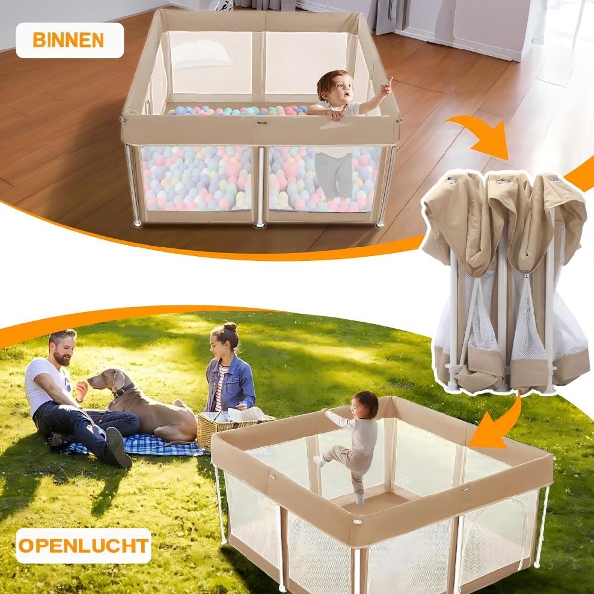 Grondbox – inklapbare box – box – speelbox – box voor baby’s – playpen – 125x125x65 cm – incl. 50 ballen, speelmat en opbergtas thumbnail 6