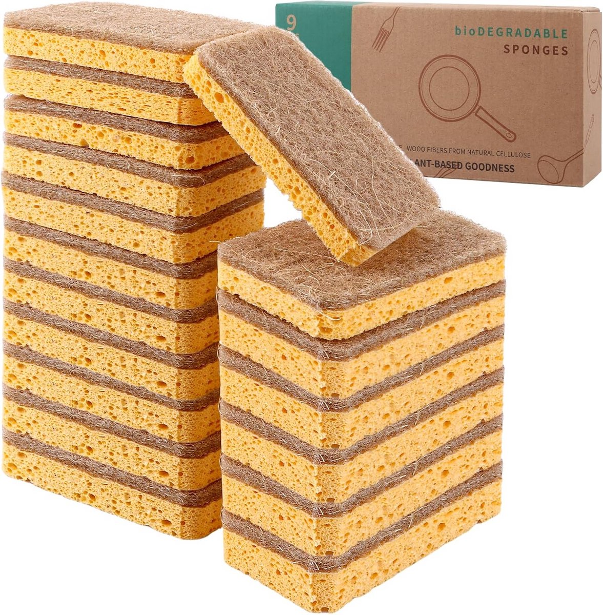 18x Biologisch Afbreekbare Keukensponzen - Cellulose & Sisal Dubbelzijdig