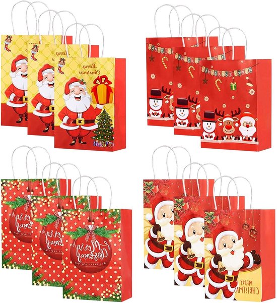 Kerstcadeauzakjes,Kerstzakjes,12 stuks Kerst papieren zakjes ,Kerstkraftcadeauzakjes,Kerst papieren zakjes voor koekjesverpakking 21x16x8cm
