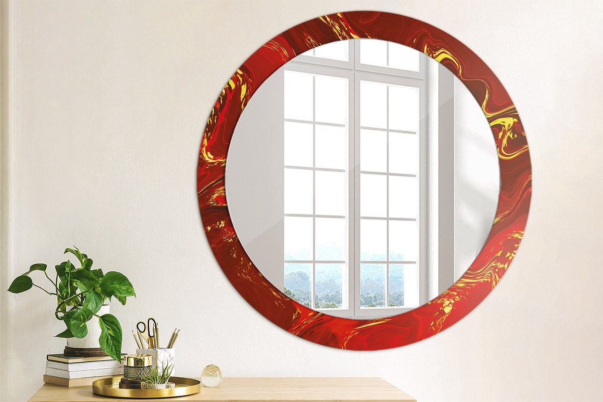 Coloray Bedrukte Spiegel - Rood marmer Spiegel Met Print - 80 cm - Rood Bedrukte Spiegel - Spiegel Met Print - Wandspiegel Met Print - Wandspiegel Decoratieve Print Rood Rood marmer