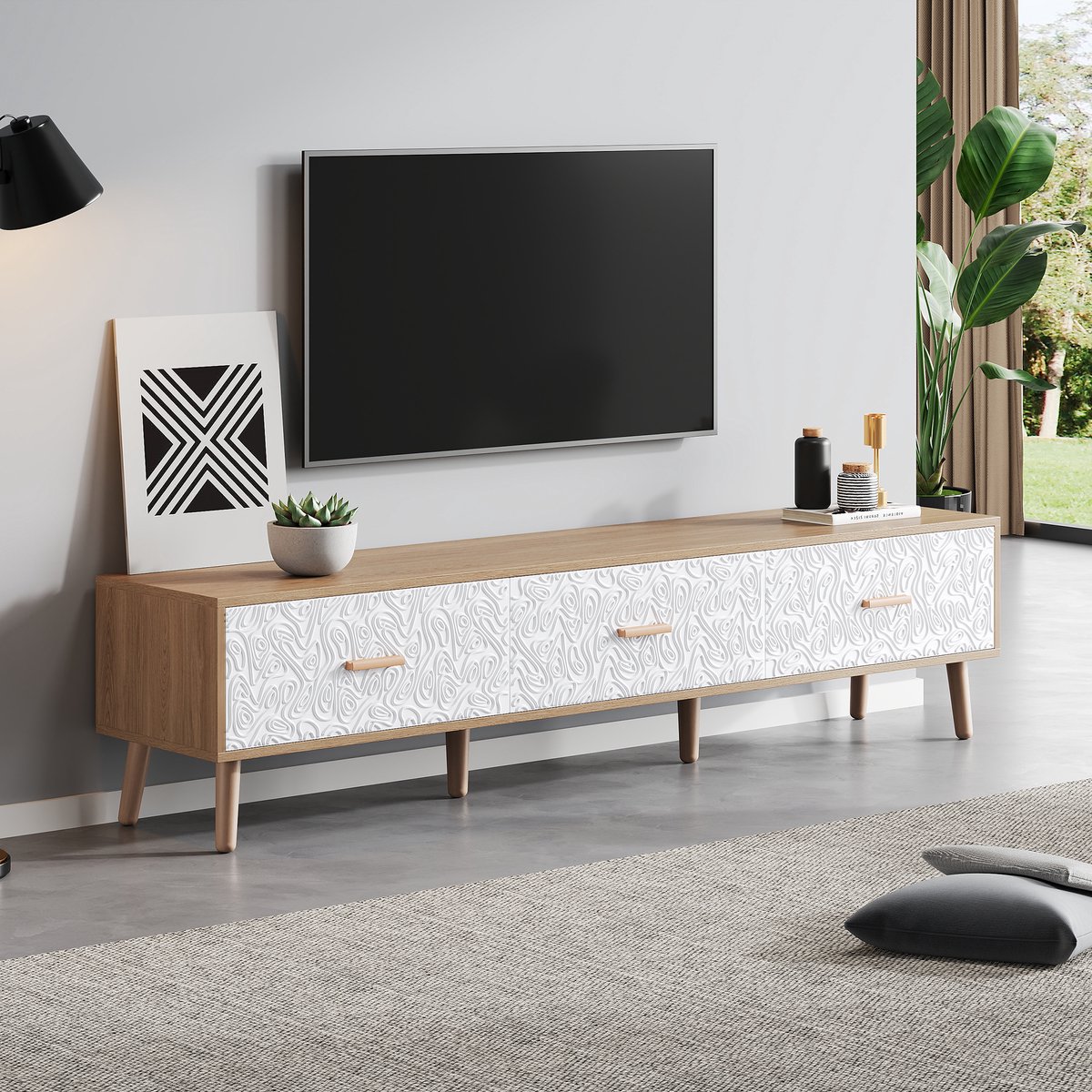REDOM TV-meubel 150x35x39 cm van spaanplaat en massief hout, retro design met witte structuurdeuren en 3 lades