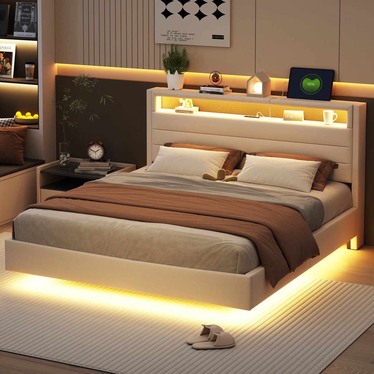 Wishdor Gestoffeerd bed – USB & LED – Draaibaar hoofdbord – Linnen beige – 160x200 cm
